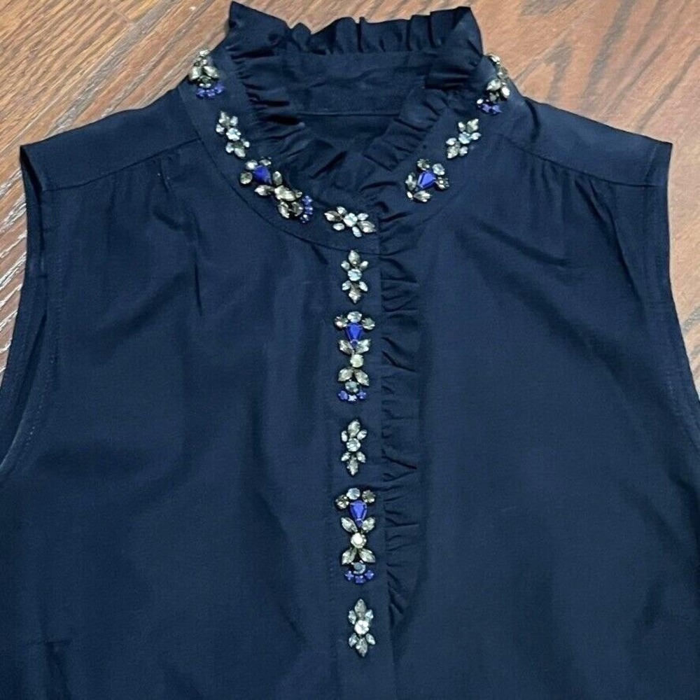 J.Crew Blouse Womens 2 Navy Blue Jewel Embellished Ruffle Mock Neck Sleeveless